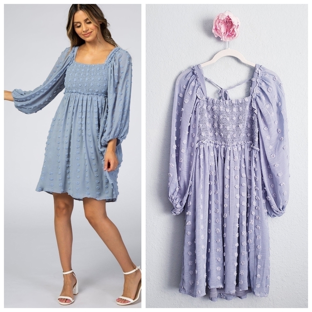 Blue Textured Dot Smocked Square Neck Long Sleeve Mini Dress